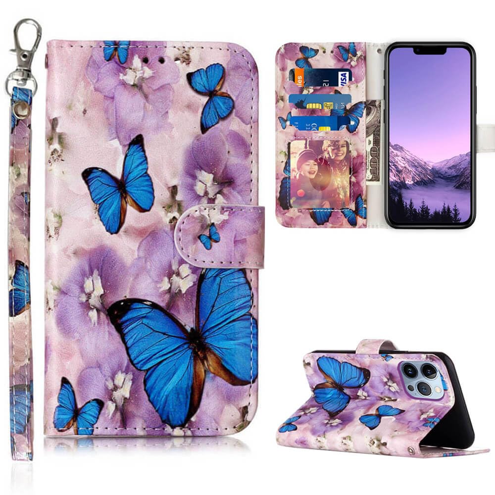 JanCalm for iPhone 13 Pro Max Wallet Case,Floral Pattern Cute Flip Cases Women Girls [Wrist Strap][Card Cash Slots][Kickstand] PU Leather Cover for iPhone 13 Pro Max (Butterfly/Purple)