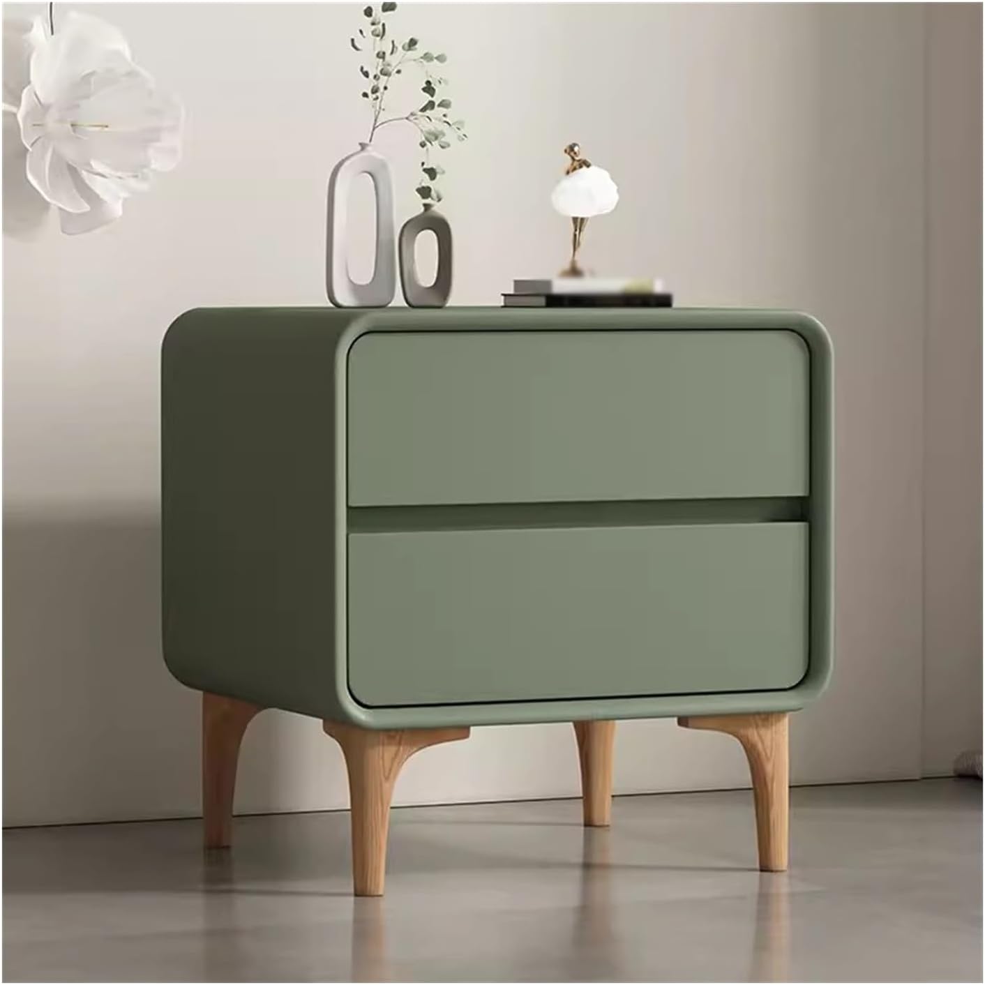 Wooden Nightstand Bedside Table with Double Drawer Storage Cream Style Organizer Furniture for Bedroom Large Capacity Bedside Chest in Dark Green Color