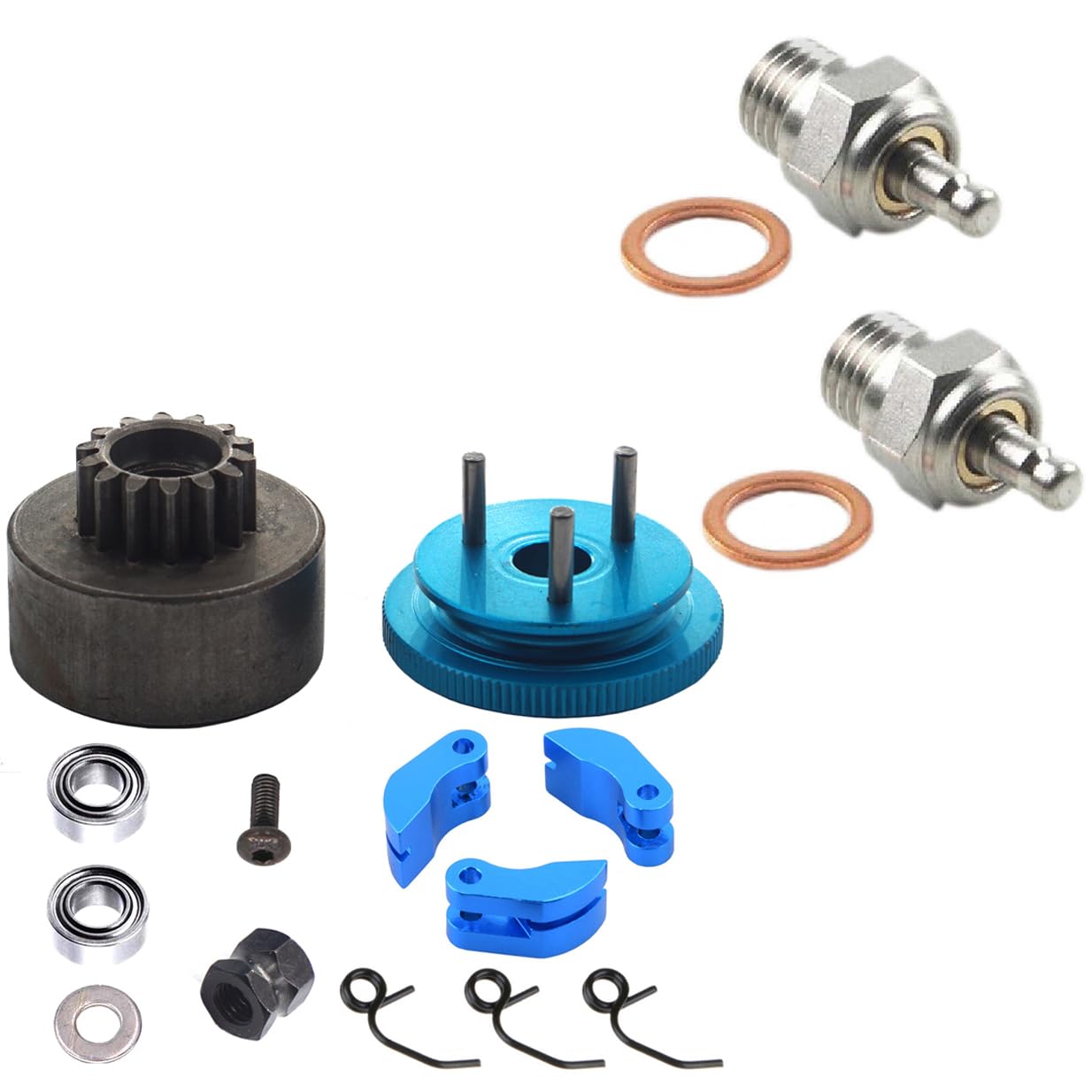 RC 14T Clutch Bell Shoes Bearings Gear Flywheel Assembly Kit Springs Cone Engine Nut & Glow Plug N4#4 NO.4 Medium Hot Spark 70117