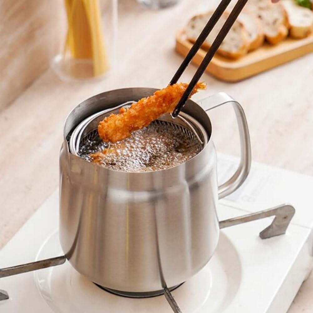 Récipient filtre à huile en acier inoxydable 304 – Pot de cuisine de grande capacité pour un usage domestique, mini friteuse à huile polyvalent et tasse filtrante, facile à nettoyer et à utiliser