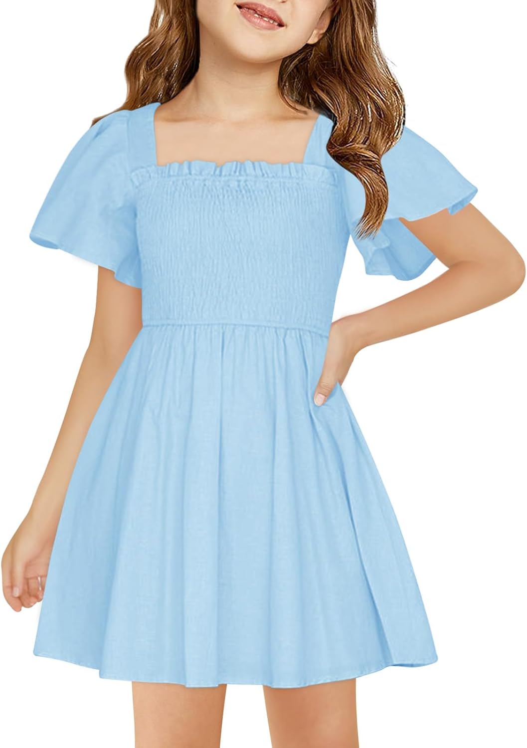 Haloumoning Girls Ruffle Short Sleeve Smocked Summer Dress Kids Square Neck A Line Flowy Mini Dresses 5-14 Years