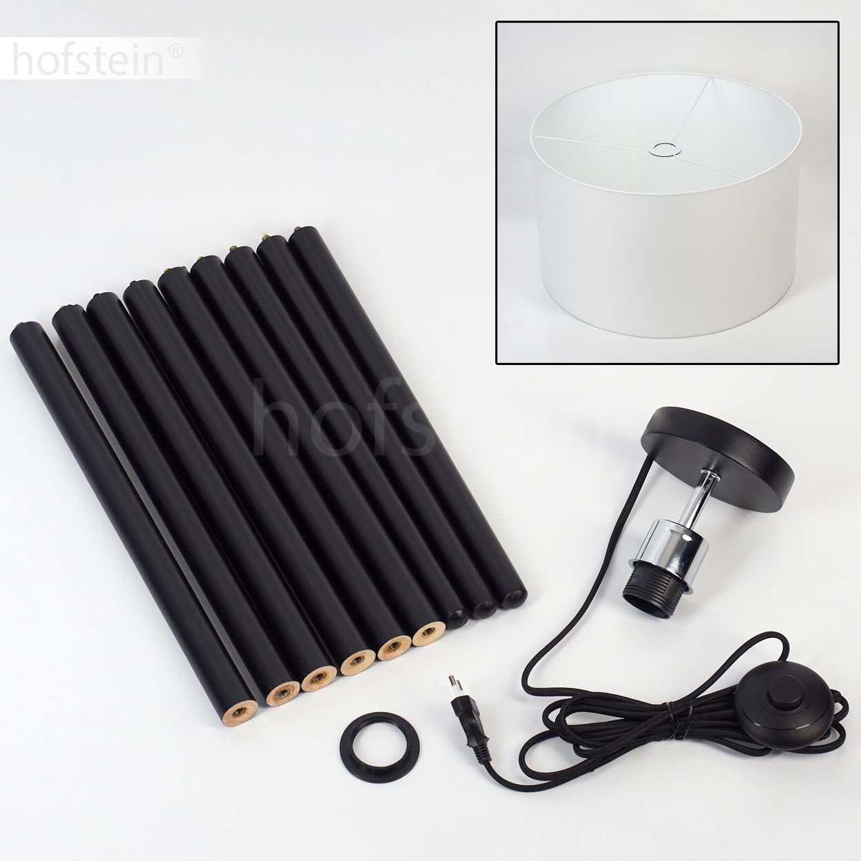 Felmming lampa stojąca, lampa podłogowa z drewna/tkaniny w kolorze czarnym/białym, lampa w skandynawskim designie z okrągłym kloszem (Ø 50 cm) i włącznikiem nożnym, wysokość 155 cm, 1x E27 bez żarówki