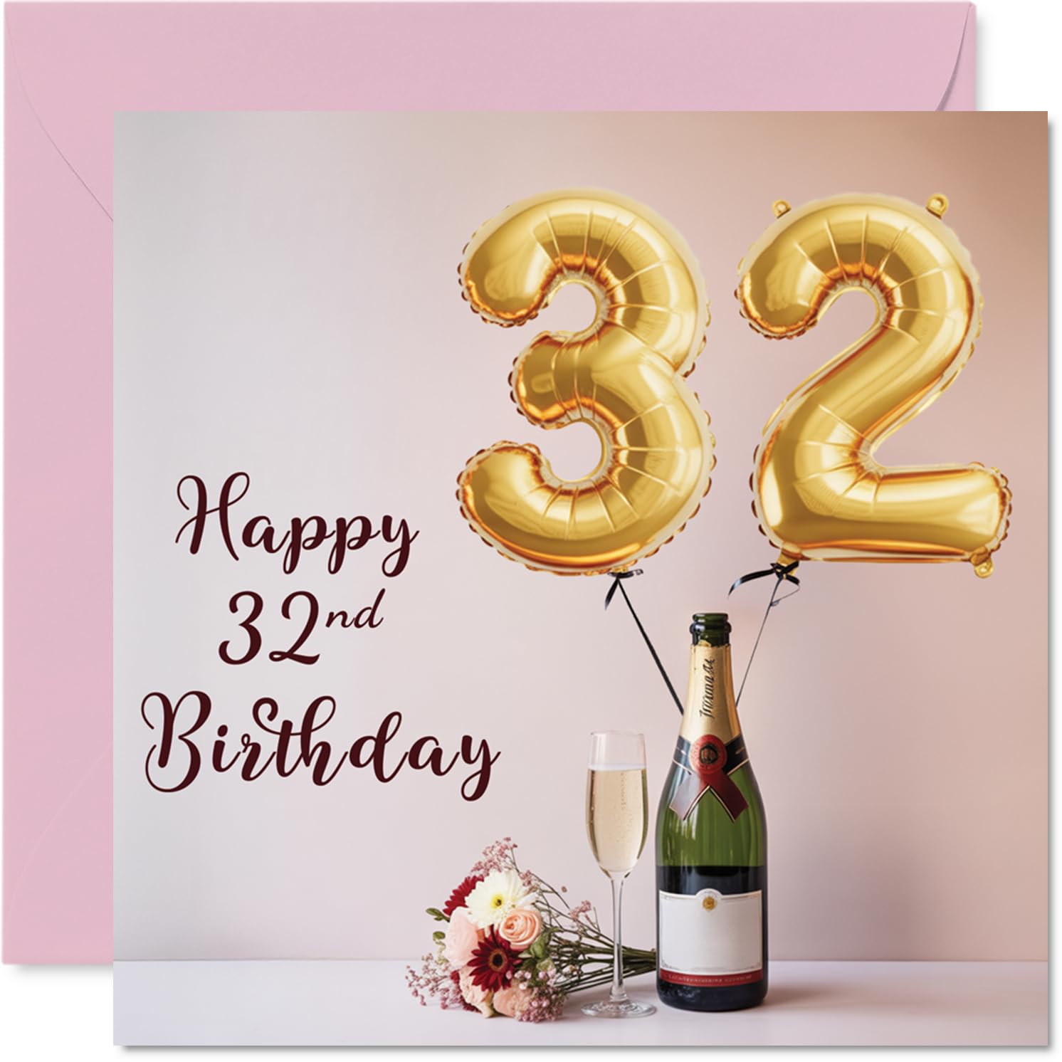 32nd Birthday Cards for Women and Men, Balloons & A Bottle of Bubbly