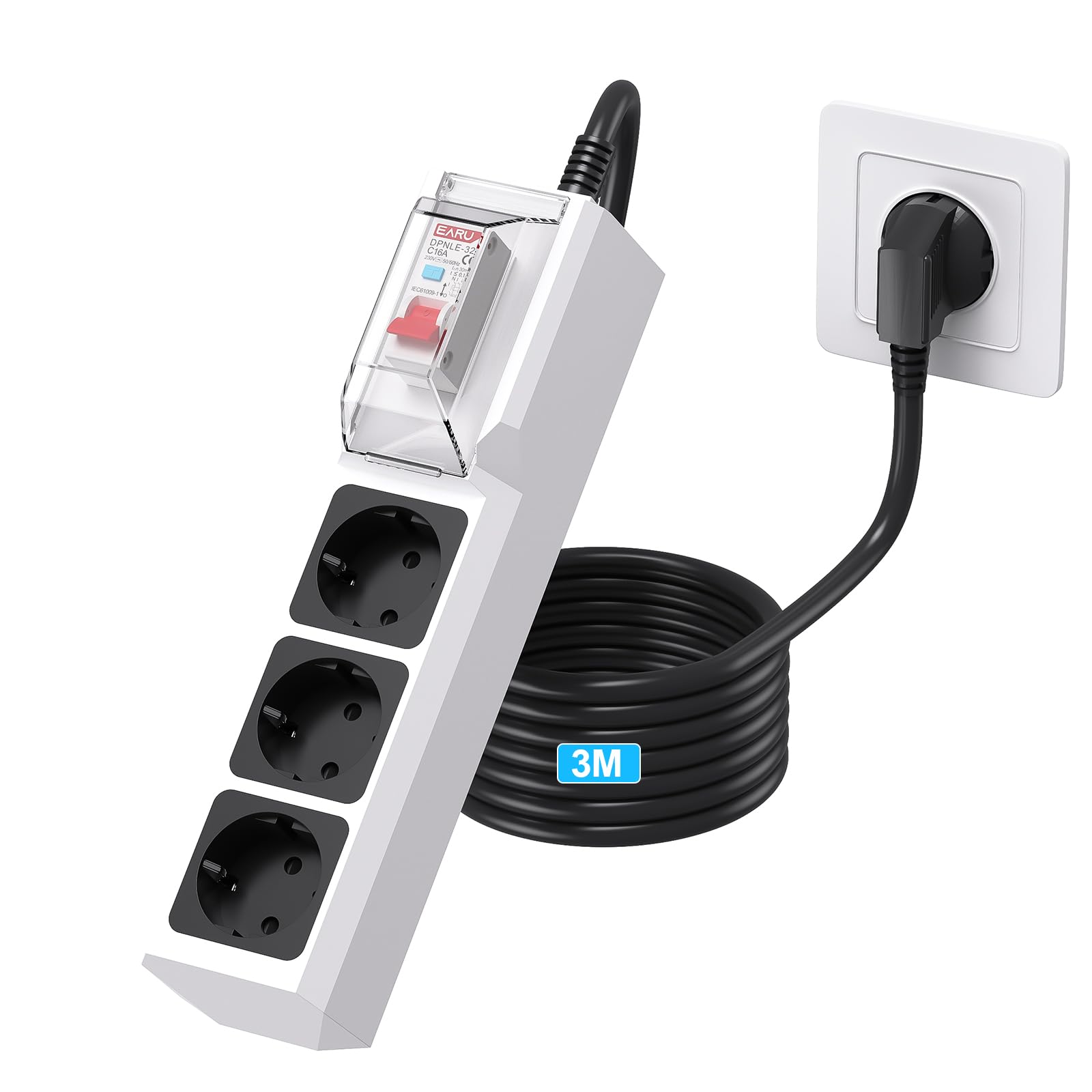 BEVA Enchufes con Interruptor Diferencial, RCD Regleta Enchufe | Ladron Enchufe con FI, 3M Cable, Protección de Corriente de Fuga de 30mA, Blanco