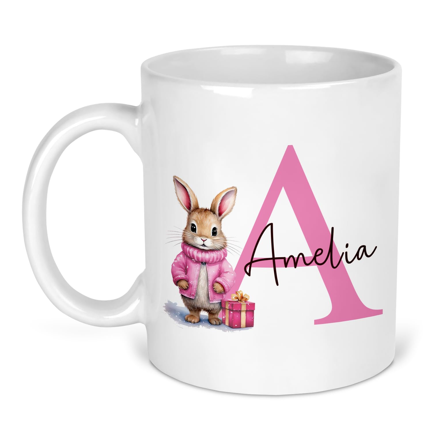 Personalised Pink Bunny 11oz Ceramic Coffee Mug - Initial & Name - Perfect for Christmas Eve Box, Secret Santa Present
