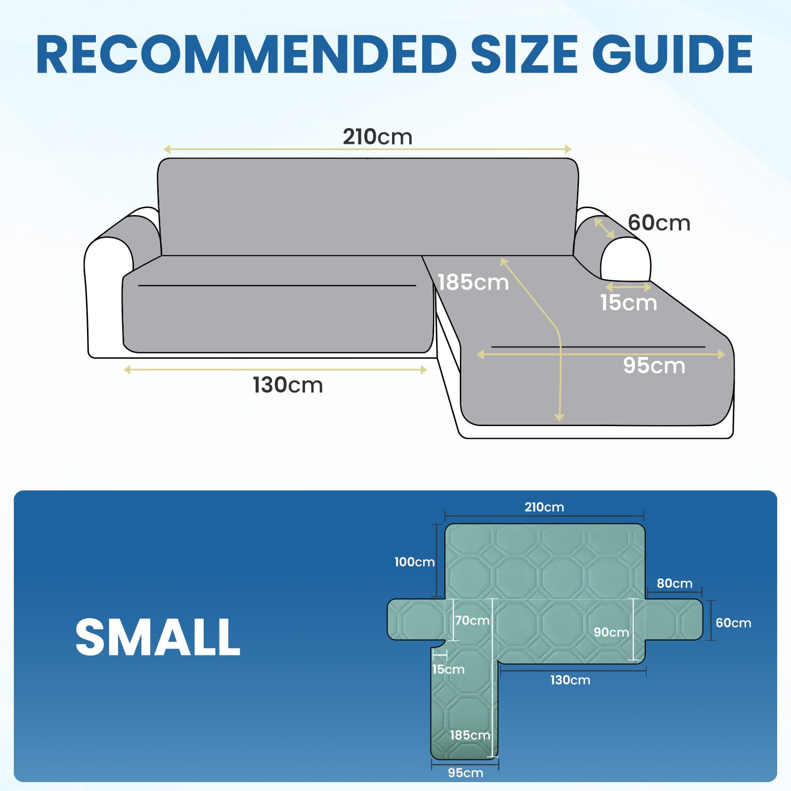Ystyle Fundas para Sofa Chaise Longue 2 Plazas Impermeable, Fundas Sofa Chaise Longue Izquierda/Derecha Universal Reversible, Protector de Muebles Antideslizante y Antimanchas, Azul Clearwater