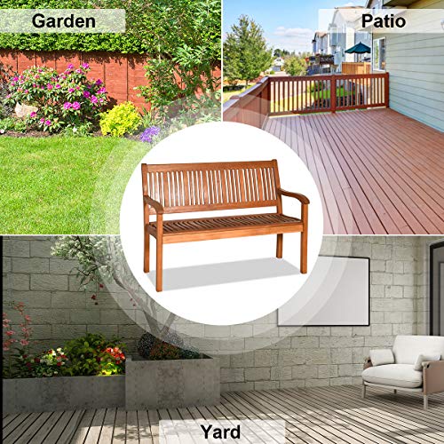 Safstar Outdoor Wooden Bench, Eucalyptus Wood Garden Bench with Curved Armrest and Backrest, 2-Person Loveseat for Entry Way Porch Garden, Strong Weight Capacity of 700lbs