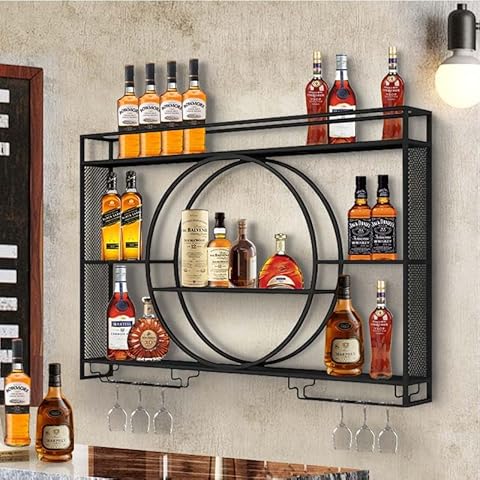 PYGHWNXH Wall Mounted Wine Rack with LED Lights,59in Large Wall Wine Rack for Liquor Bottles & Hanging Glasses, Metal Wine Bar Shelves for Home Bar,Kitchen & Dining Room. (55.9in) Cover