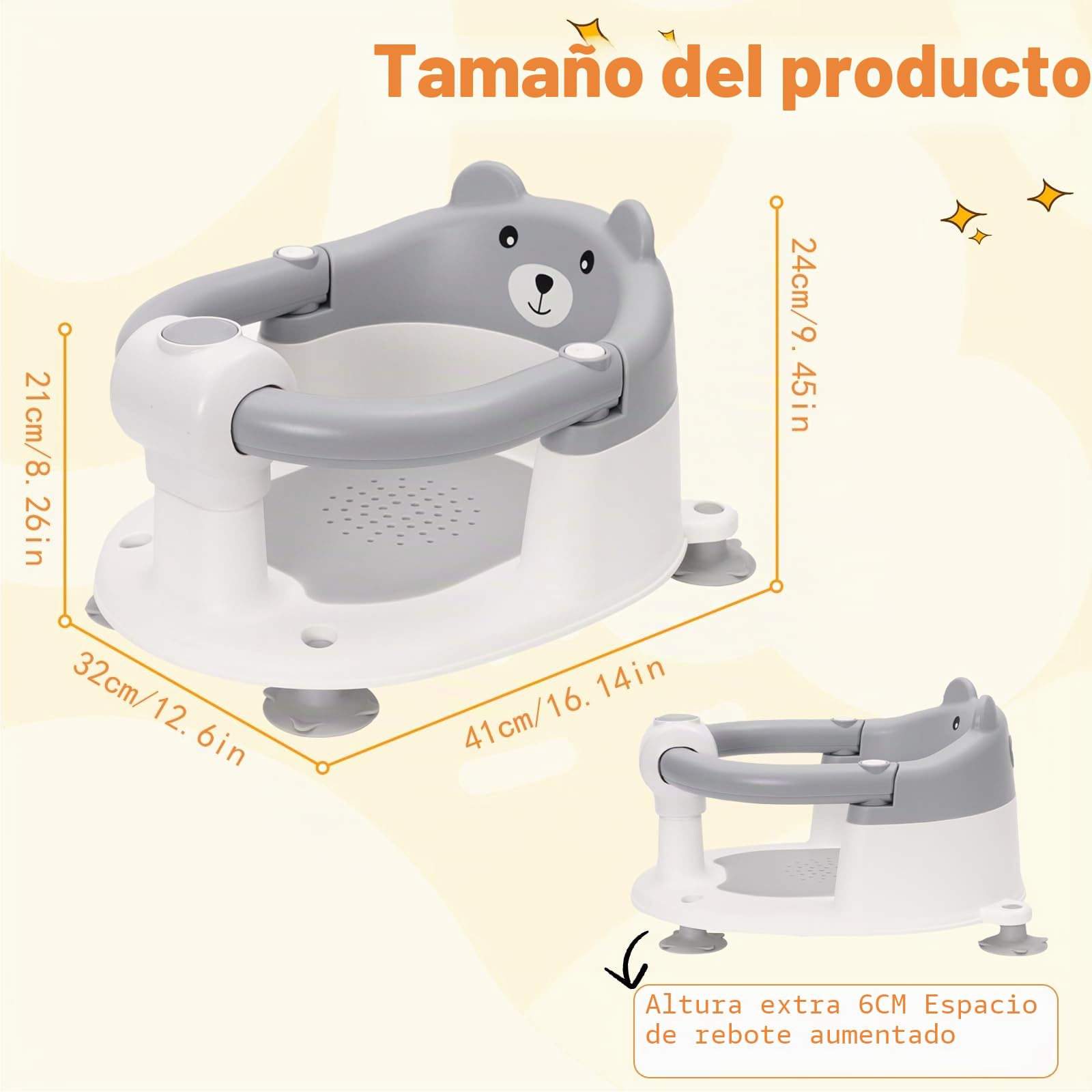 Asiento de Baño para Bebé 6-24 Meses, Silla Baño Bebe con 4 Fuertes Ventosas, Respaldo Ergonómico, Barra de seguridad, Antideslizante y Cómoda, Regalo para Recién Nacidos y Nuevas Madres(Gris)