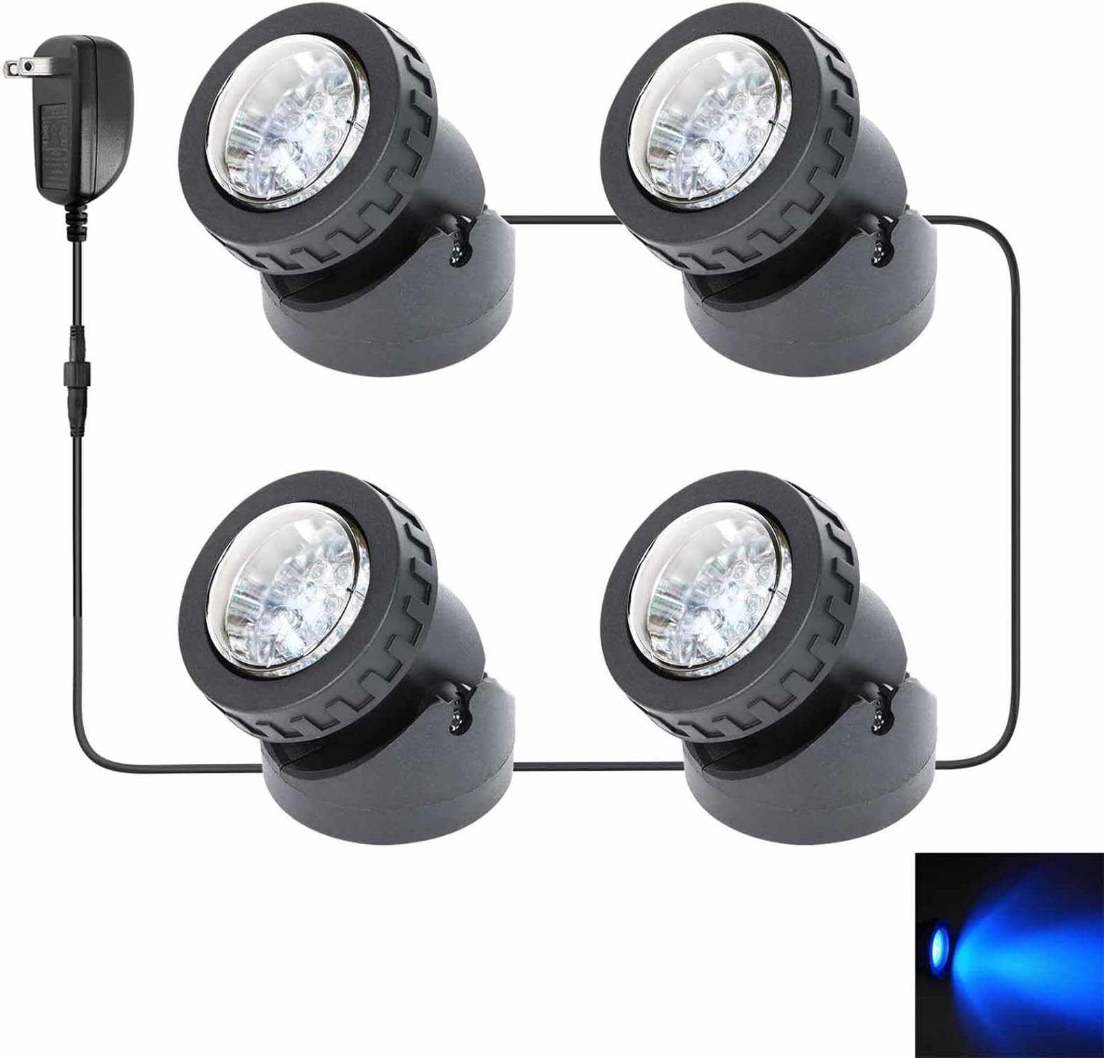 Pond Lights Underwater Blue Fountain Lights Outdoor Submersible 5V Weighted IP68 Waterproof Spot Light for Aquarium Pond Fountain Waterfall (Set of 4)