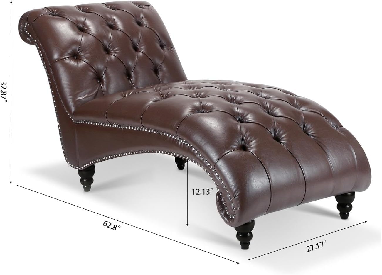 Faux Leather Button Tufted Chaise Lounge Indoor Lounge Chair 63" with Nailhead Trim Armless Upholstered Chaise for Living Room Bedroom Ergonomic Chaise (Coffee Color)