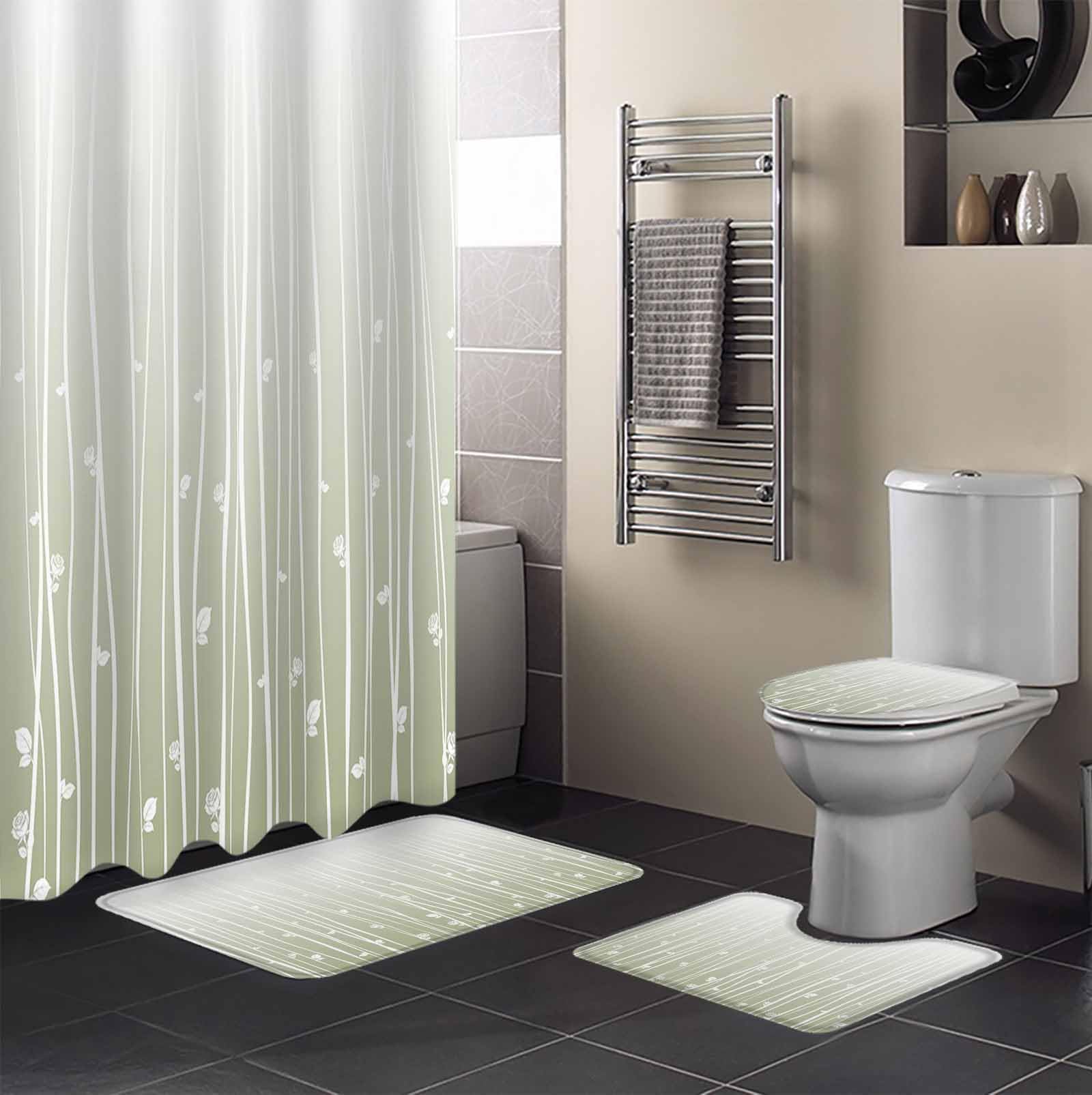Sage Green Bathroom Set with Shower Curtain and Rug Accessories - 36x72 Inches Long Floral Stripe Gradient Simple Branch Texture Stall Curtain Waterproof with Large Bath Mat,Washable Runner Rug Set