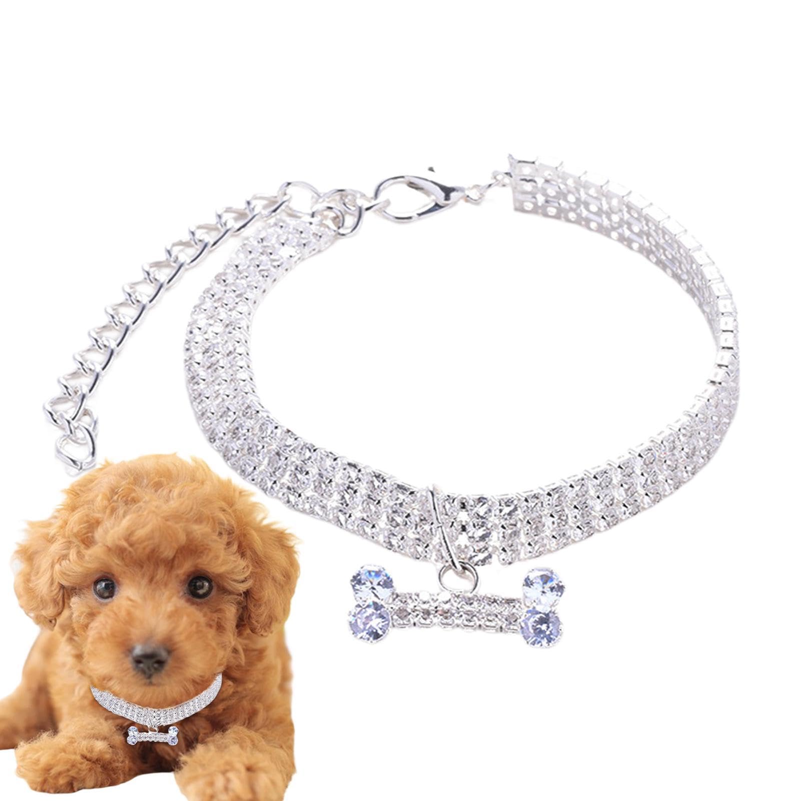 Collar de Perro Elegante Con Diamantes de Imitación - Ajustable de 3 Filas Para Mascotas - Joyería de Hueso Brillante