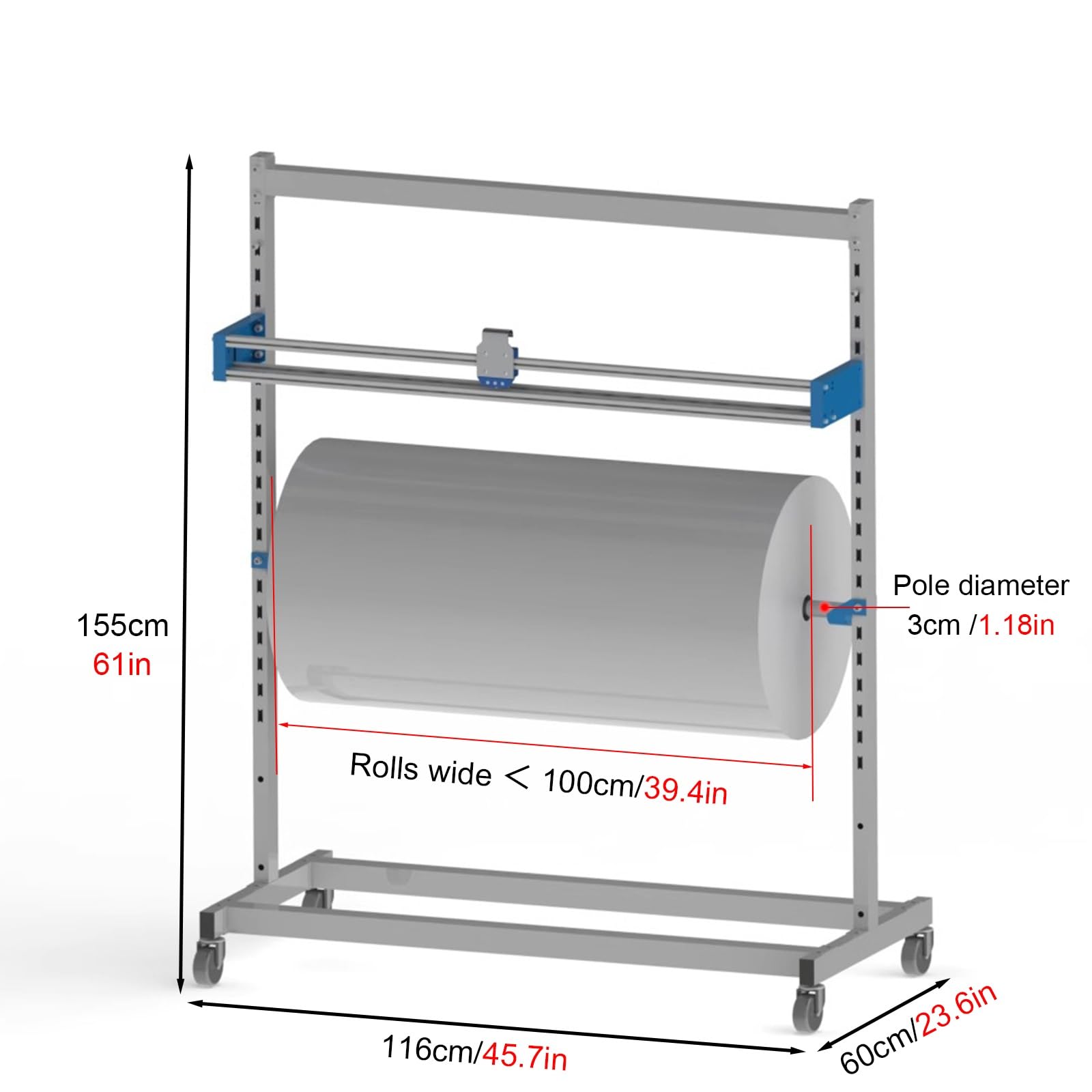 Handabroller für Stretchfolie Rollen Geschenkpapier-Spender mit Abschneider, Standgerät Folienschneidemaschine für Haus/Büro/Fabrik/Lager/Werkstatt/Labor, Platzsparend(116x60x155cm/45.7x 23.