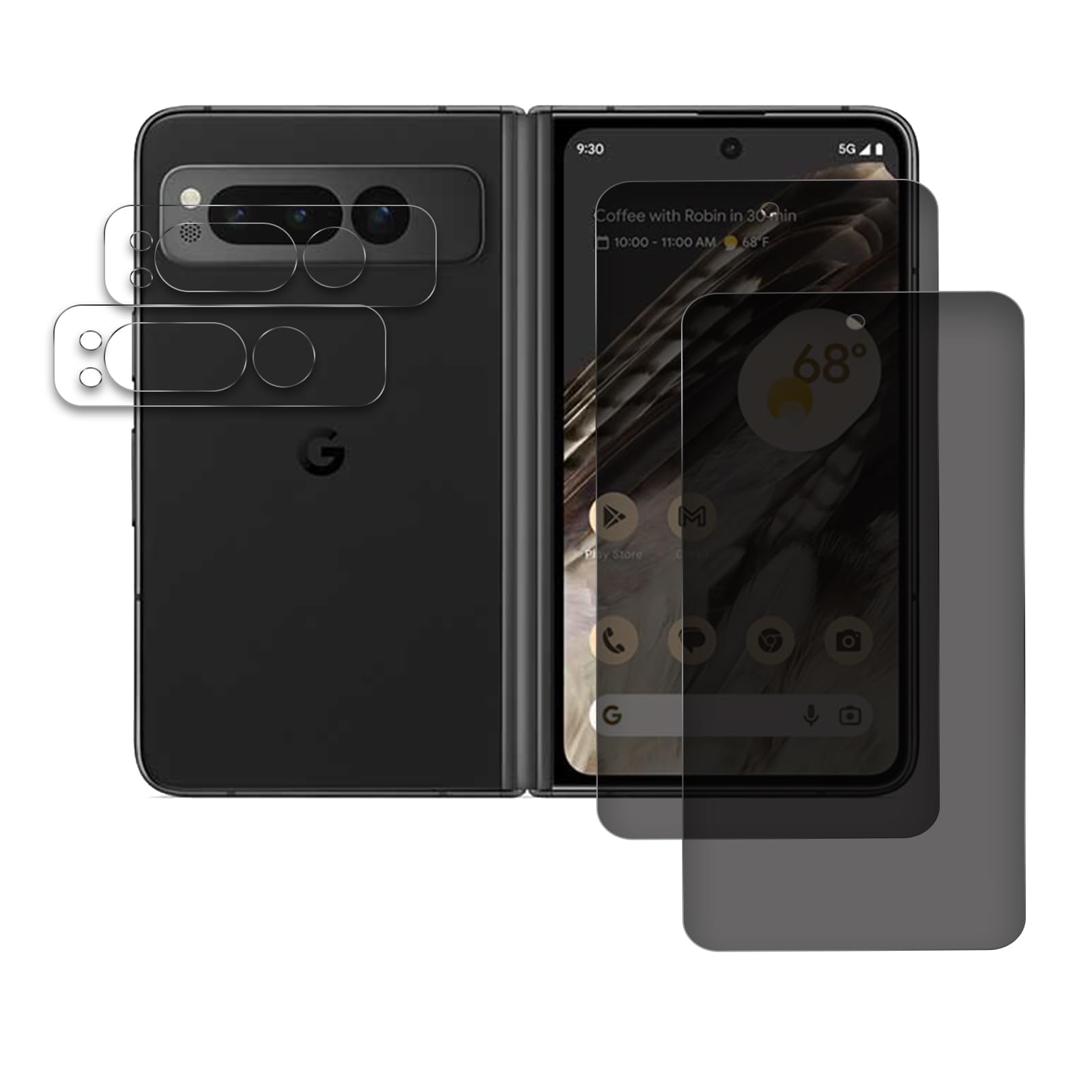 [2+2 Pack] 2Pack Privacy Screen Protector for Google pixel fold+2Pack Camera Lens Protector, Privacy Tempered Glass Film [9H Hardness][Bubble-Free] [Shatter Proof] [Anti-fingerprint] [Easy Installation] Screen Protector Glass Compatible with google pixel fold