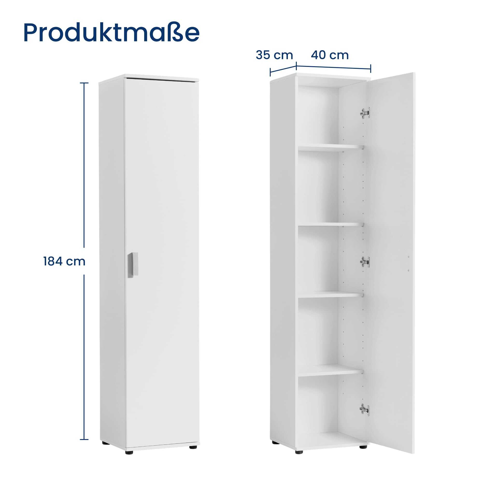 Home Collective Mehrzweckschrank Schmaler Schrank 40 cm mit 1 Tür & 4 Einlegeböden | Universalschrank Haushaltsschrank für Haushalt, Flur, Büro oder Schlafzimmer | 40x35x184 cm (BxTxH) | Weiß