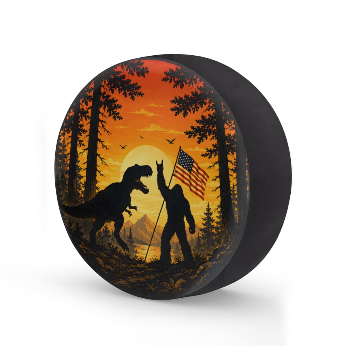 Bigfoot Dinosaur American Flag Spare Tire Cover Wheel Covers Protectors Waterproof Dust-Proof Universal Fit Trailer, RV, SUV and Many Vehicle 14 Inch,C-08