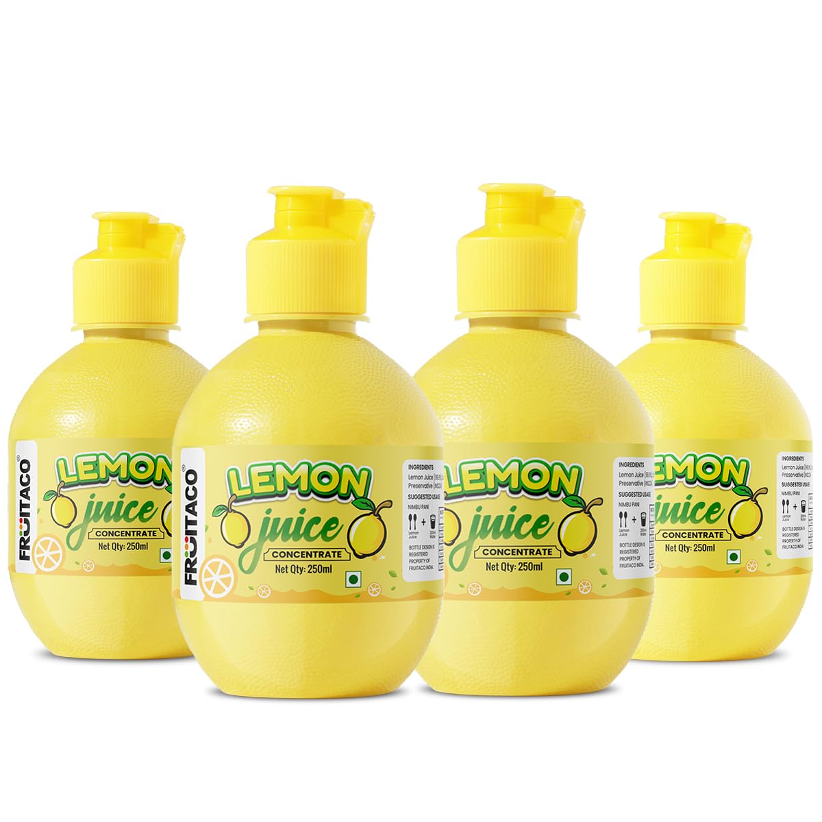 Fruitaco Yellow Lemon Juice Concentrate – Pack of 4 (1000ml) | Equivalent to 100 Lemons | Pocket Bottle | Easy to Use in Cooking, Beverages, Shikanji, Lemonade & More