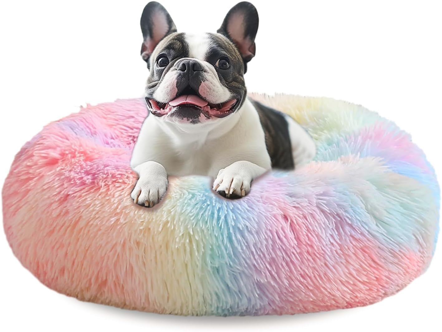 JOLLYVOGUE Small Dog & Cat Beds for Indoor Cats, Donut Cuddler Warming Soft Dog Beds with Anti-Slip Bottom, Round Calming Fluffy Plush Faux Fur Cushion Bed for Medium Dogs (31", Rainbow) 31.0"L x 31.0"W x 8.0"Th Rainbow