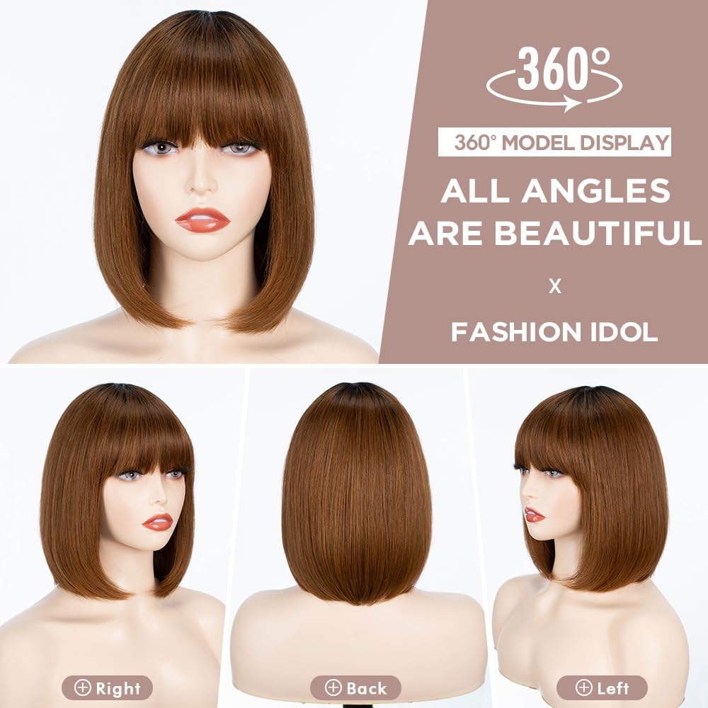FASHION IDOL Bob Echthaar-Perücke mit Pony für schwarze Frauen kurzes glattes Haar 25CM natürliches schwarzes klebstofffreies maschinell hergestelltes kurzes Bob Perücken