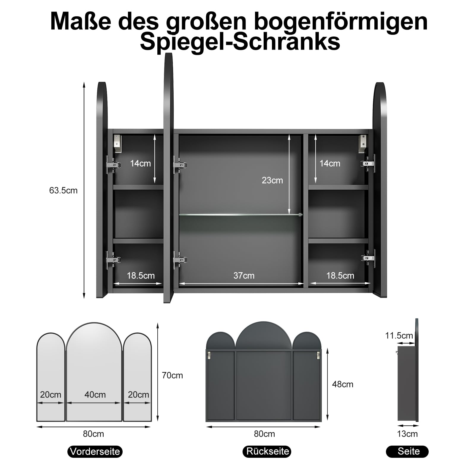 KEEPREAPER Spiegelschrank Bogen, Badezimmerschrank mit 2 Spiegel Arched, Badschrank hängend mit 3 Ablagen und 2 Tür für Badezimmer modern,61x12x70cm (schwarz mit 3 Türe)