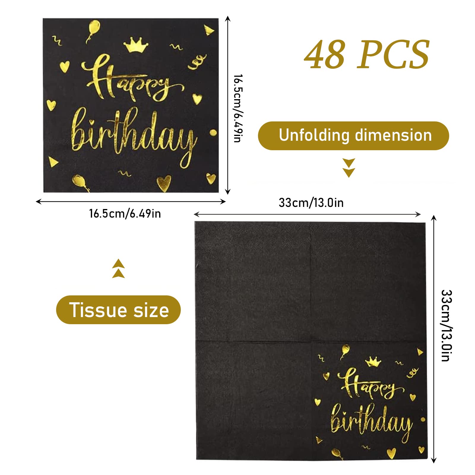 Amakando Serviettes De Tables Chic Bon Anniversaire - Noir-Argenté-Or