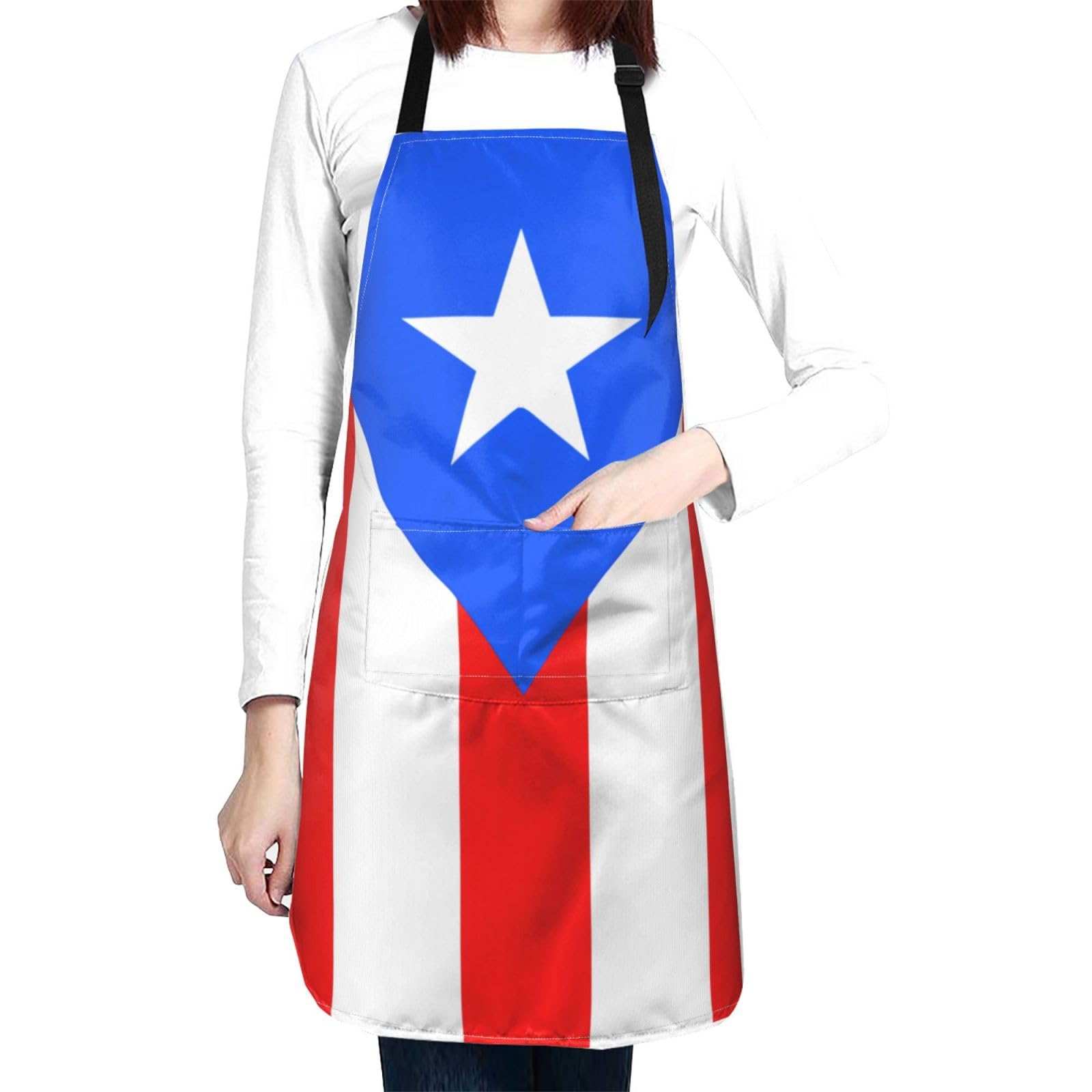 MANQINF Puerto Rico Flag Apron,Waterproof Women Men Aprons With 2 Pockets for Kitchen Cooking Baking Gardening