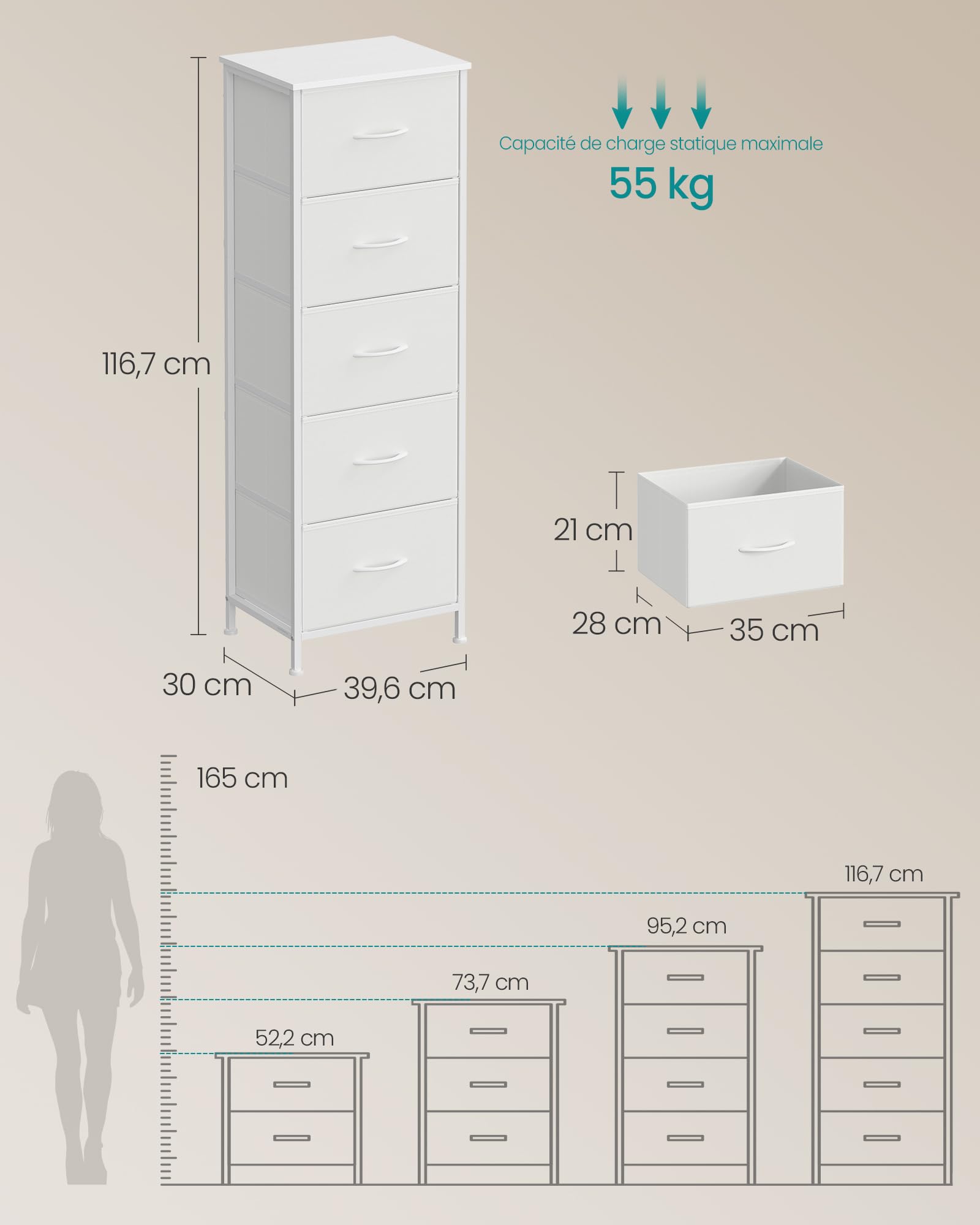 SONGMICS BELLAH Collection - Commode, Meuble de Rangement pour Chambre, Couloir, Entrée, Salon, Cadre en Acier, 5 Tiroirs, Style Moderne, Blanc Nuage et Blanc Neige LGS315WH01