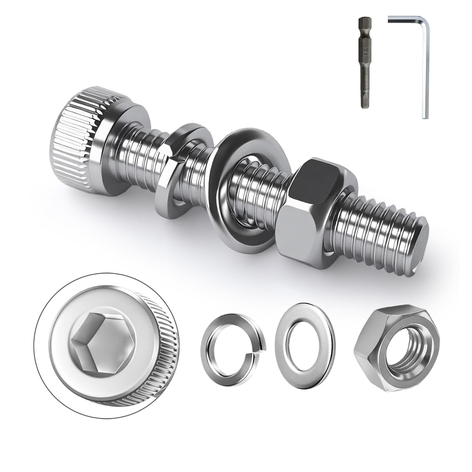 BaiMoure M8 Bolts and Nuts Set,304 Stainless Steel 16mm Hex Socket,12-Pack