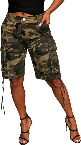 Seltaon Womens Camo Cargo Shorts Summer Camouflage Army Fatigue Short Pants | Plus Size Army Green Jorts,Shorts With Pockets For Women,High Waisted,Y2K Streetwear,Casual Fit