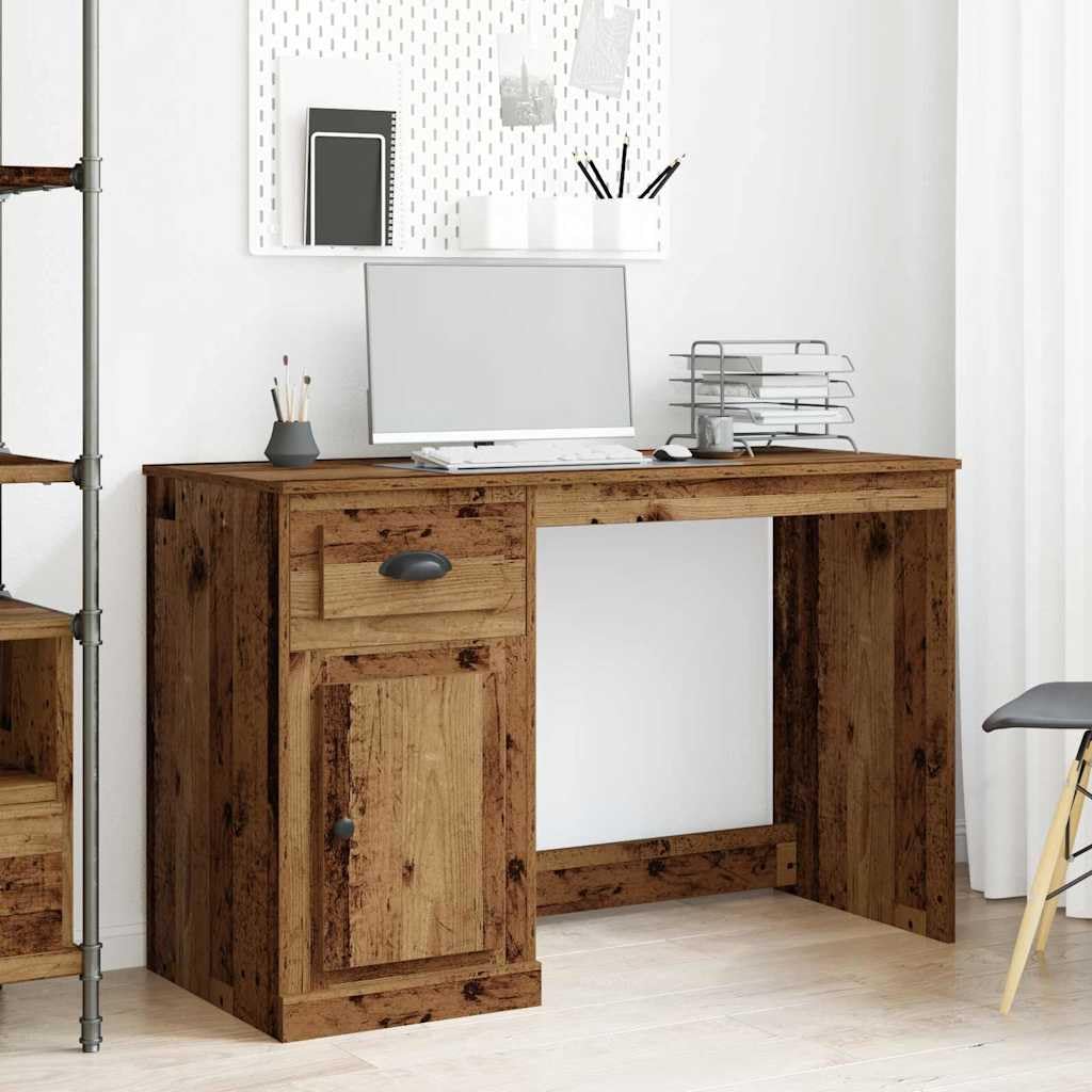 Scrivania con anta, in legno anticato, 50 x 115 x 75 cm, con cassetto, compatta, per ufficio, laptop, postazione di lavoro per casa, studio