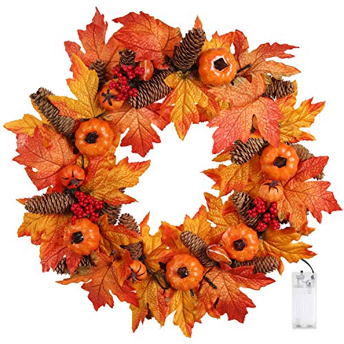 Valdler 22 Inch LED Halloween Pumpkin Fall Wreath, Autumn Maple Leaf,Pinecone,Red Berries Decorative Wreath Front Door Garland