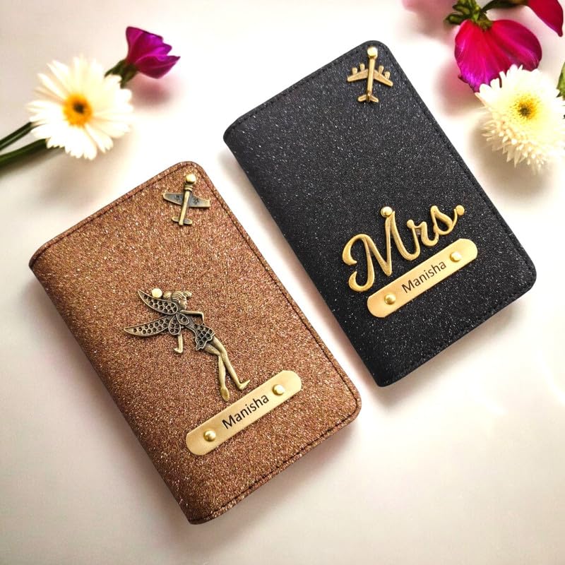 Image of Personalised Glitered Name Passport Cover Combo Pack| Combo Pack of 2 | Passport Cover for Womens and Girls| Gift Pack|Travel Assessories Brown & Black