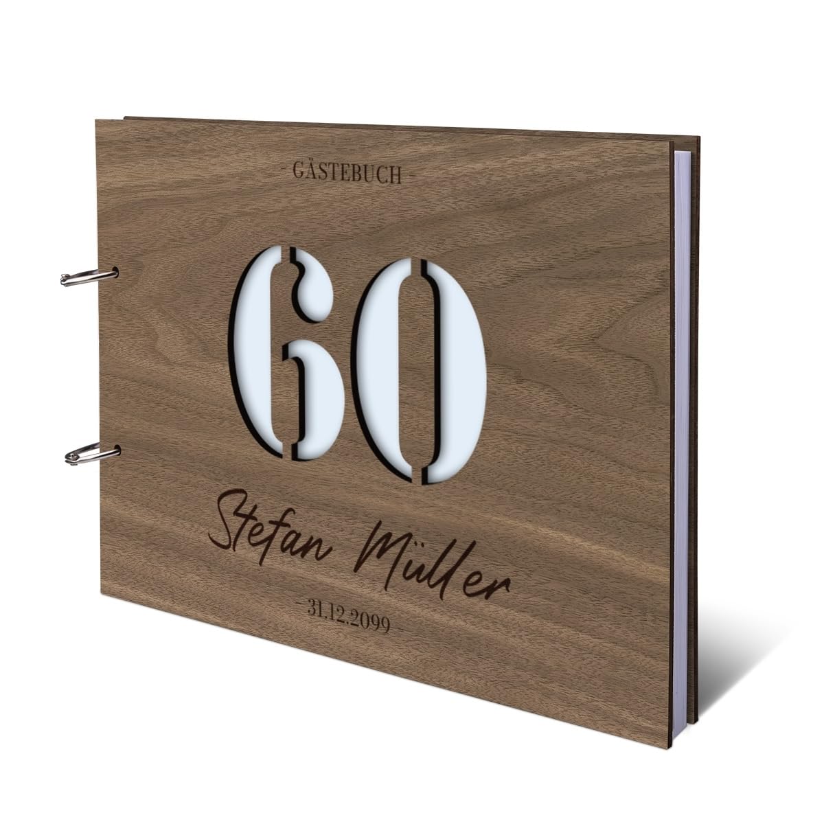 Individuelles Gästebuch zum 60. Geburtstag – Echtes Holz mit Persönlicher Gravur, Zahl ausgestanzt – hochwertige 72 Blatt / 144 Naturpapier Seiten, DIN A4 Quer – Ideal für bleibende Erinnerungen
