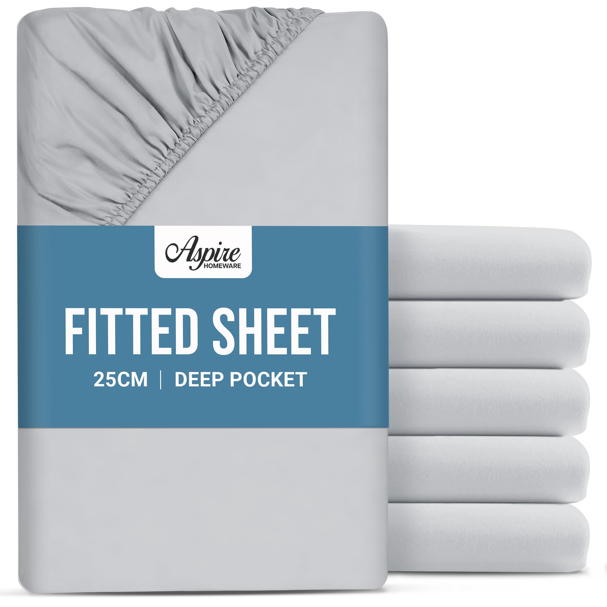 Aspire Homeware Double Fitted Sheet 6 Pack - 25 cm Deep Hotel Quality (Silver) Bed Sheets - Soft & Breathable Fitted Bed Sheets Double - Anti-Wrinkle Easy Care Fitted Sheets
