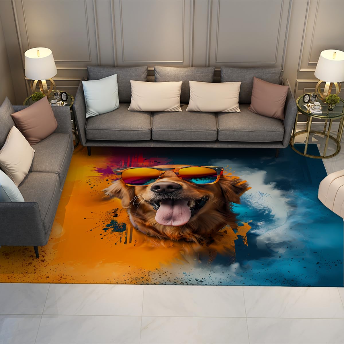 Żywy dywan kuchenny dla psa, 140 x 200 cm, szczęśliwe zwierzę domowe z okularami przeciwsłonecznymi, mata podłogowa, nowoczesna dekoracja mieszkania, nadaje się do prania, antypoślizgowy