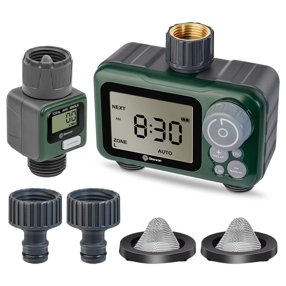 Geevon Sprinkler Timer with Brass Inlet Metal Thread,Programmable Water Timer with Rain Delay,Measure Gallon/Liter Consumption & Flow Rate,Smart Hose Faucet Timer with Water Flow Meter, 2 Zones