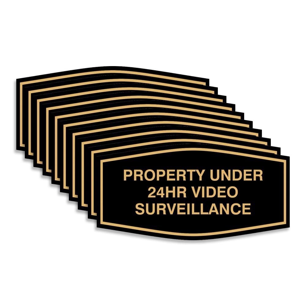 All Quality Fancy Property Under 24Hr Videoüberwachungsschild | Eigentumssicherheitsschild mit einfacher Installation | 24/7 Sicherheitsüberwachung (schwarz/gold) – groß, 10 Stück