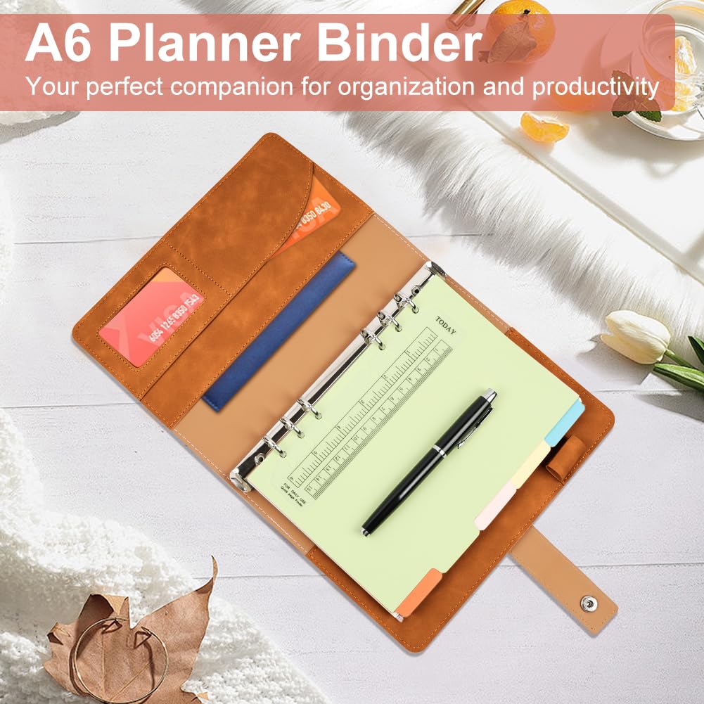 Cuaderno A6 Anillas de Cuero Sintético, Recargable Libretas Bonitas con Cuadrícula de Puntos A6, Bolsillos Interiores y Separador de Índice, Agenda Ahorro para Viajes, Trabajo, Escuela (Marrón)