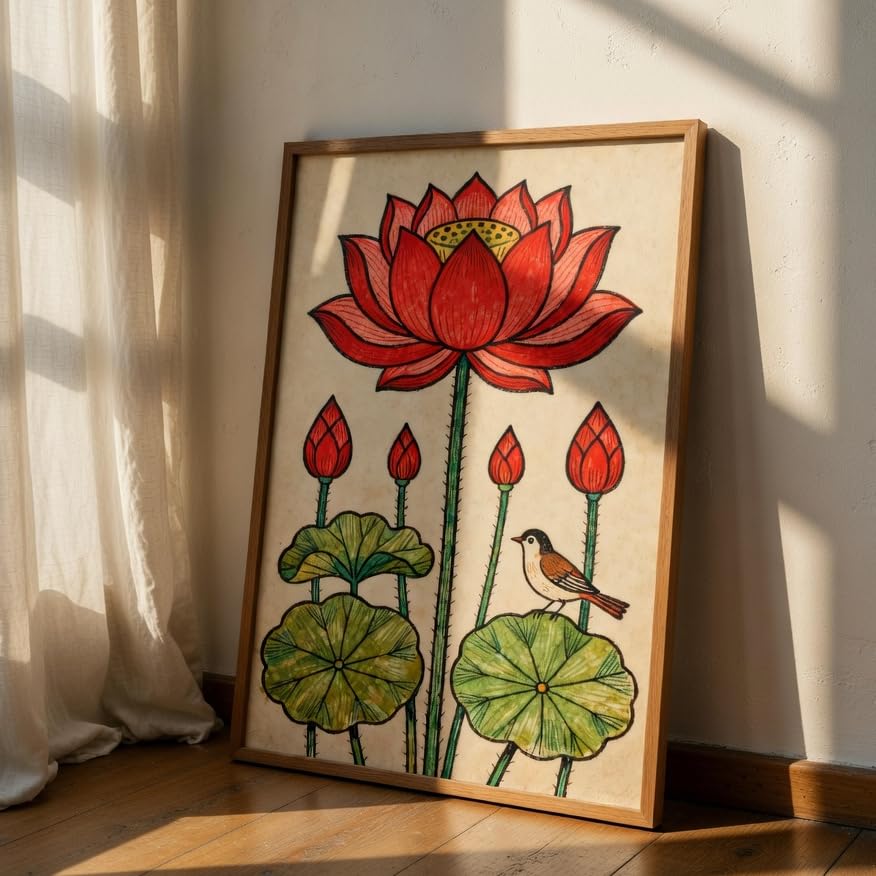 Image of Livin'luxe Traditional Lotus Flower Wall Painting with Wooden Frame | Botanical Lotus Artwork HD UV Laminated MDF Wall Decor | Indian Lotus Art Wall Decor for Living Room Bedroom Home