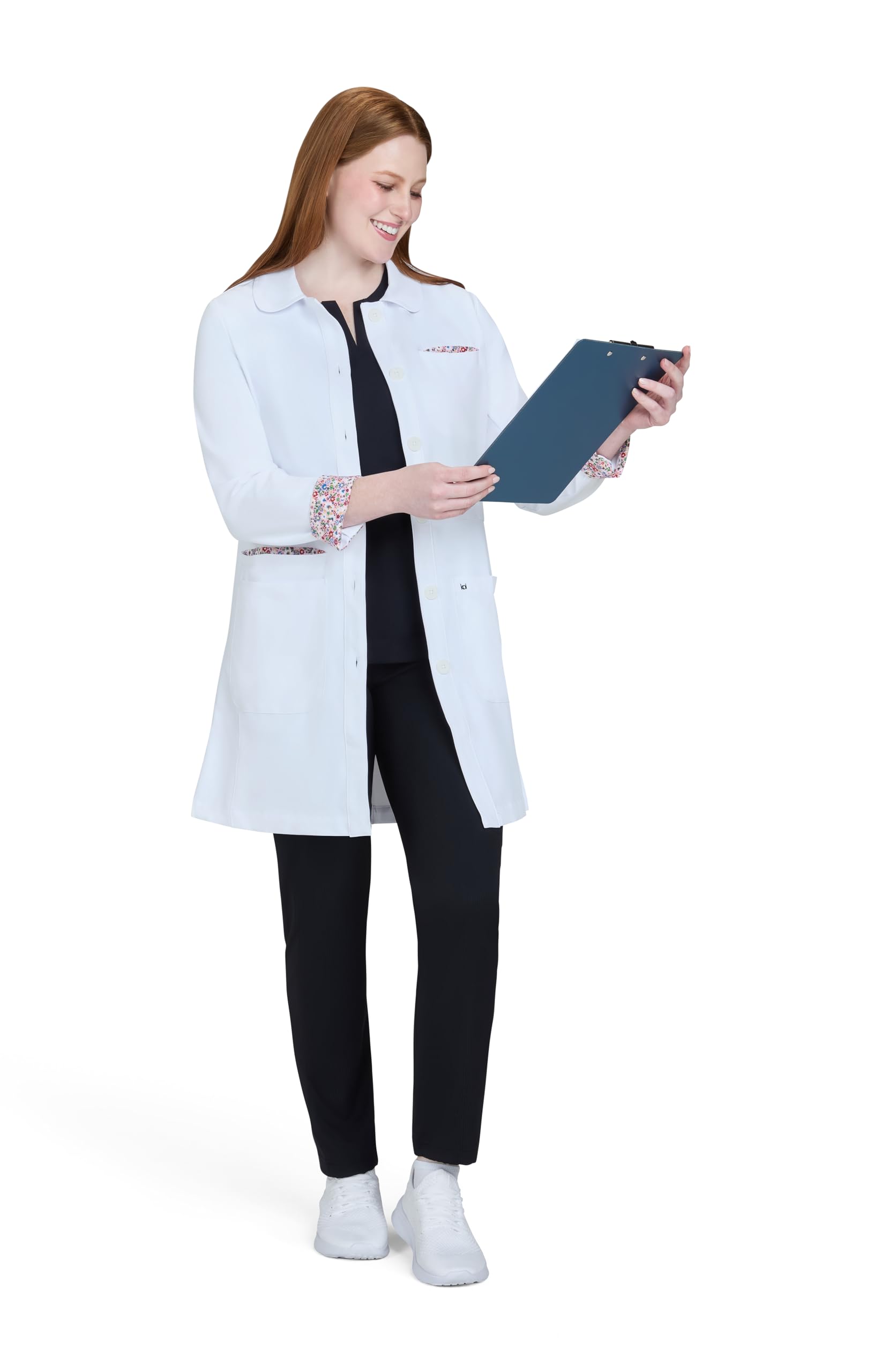 KOI Essentials Fusion - Bata de laboratorio nacarada con botones frontales y 4 bolsillos de 34.5 pulgadas para mujer