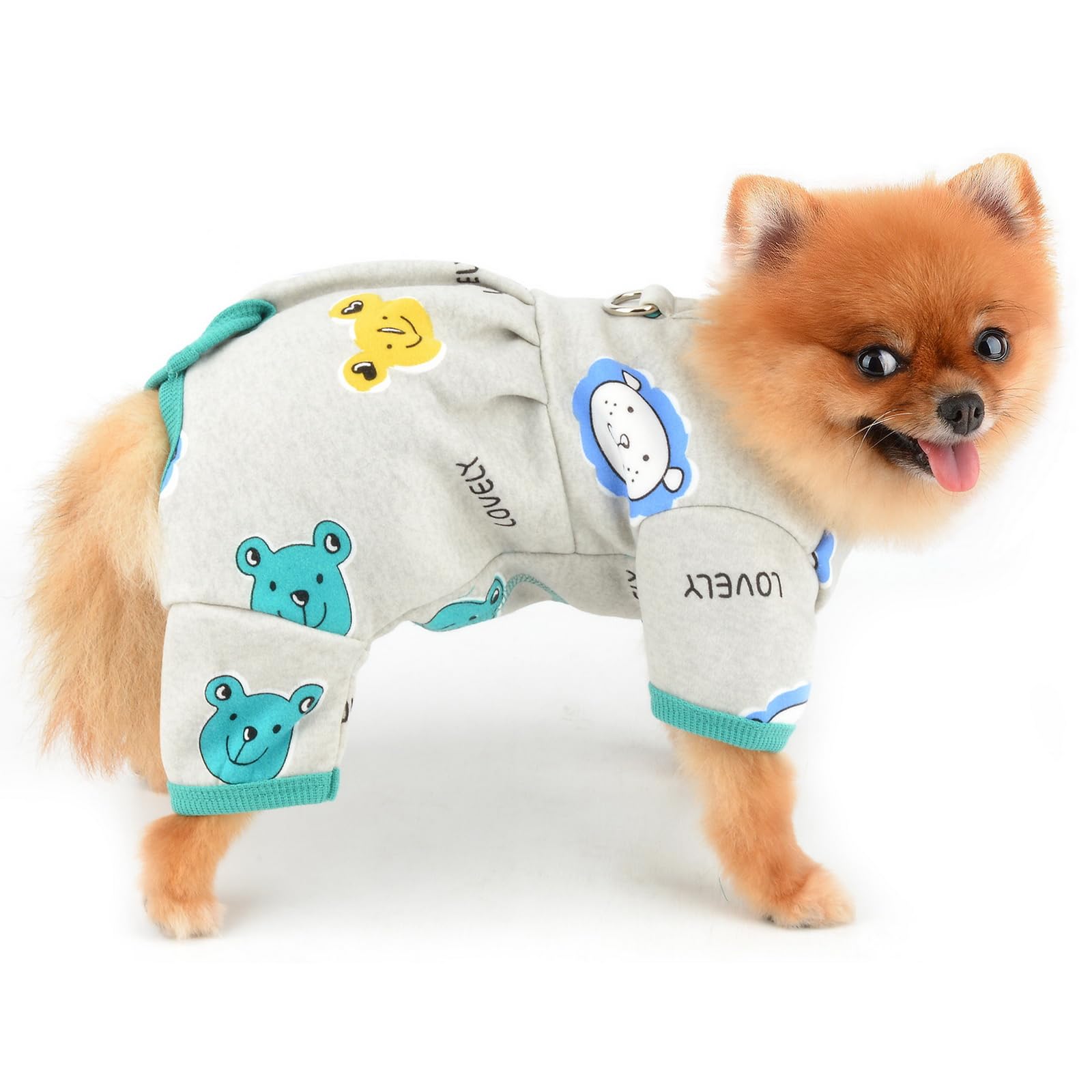 PAIDEFUL Small Dog Fleece Pajamas Pjs Stretchy Soft Doggie Pyjamas with Cute Bear Pet Jumpsuit Puppy Autumn Winter Outfits Warm Chihuahua Clothes Cats Costume D-ring,Gray,L - Image 3