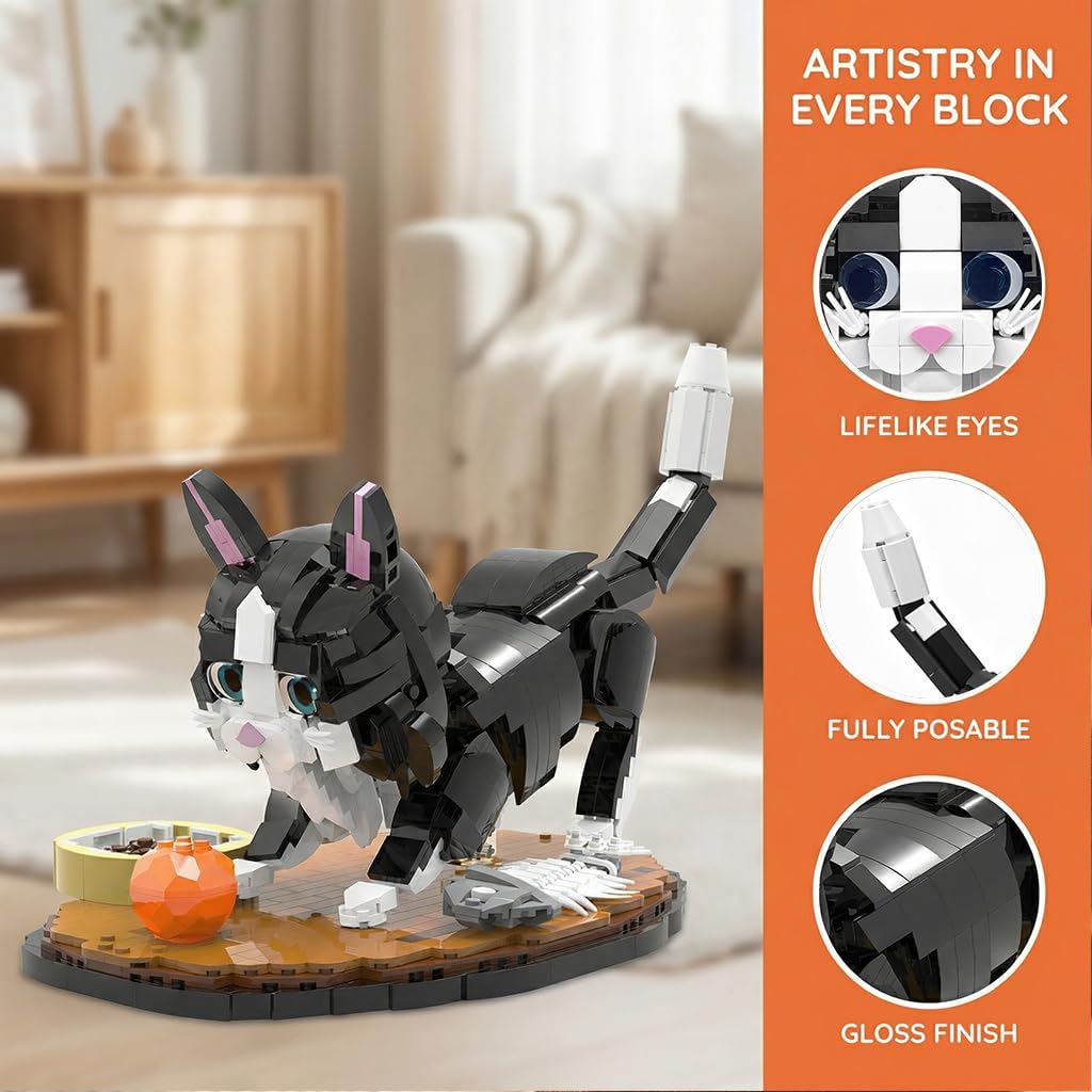 Xbert 1200PCS Tuxedo Cat Building Block Sets, Playable Cats with Fish Bone,Cat Food, Ball Toy, Animal Figurines Home Desk Decor for Adult&Teen, Gifts for Cats Lovers