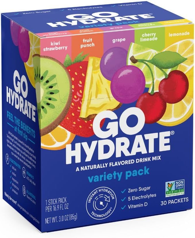 GoHydrate Low Sodium Electrolytes Powder Packets Sugar Free - Instant Hydration Daily Drink Mix - Zero Sugar Water Flavor Packet Singles with Vitamin D - (Variety Pack, 30 Packs)