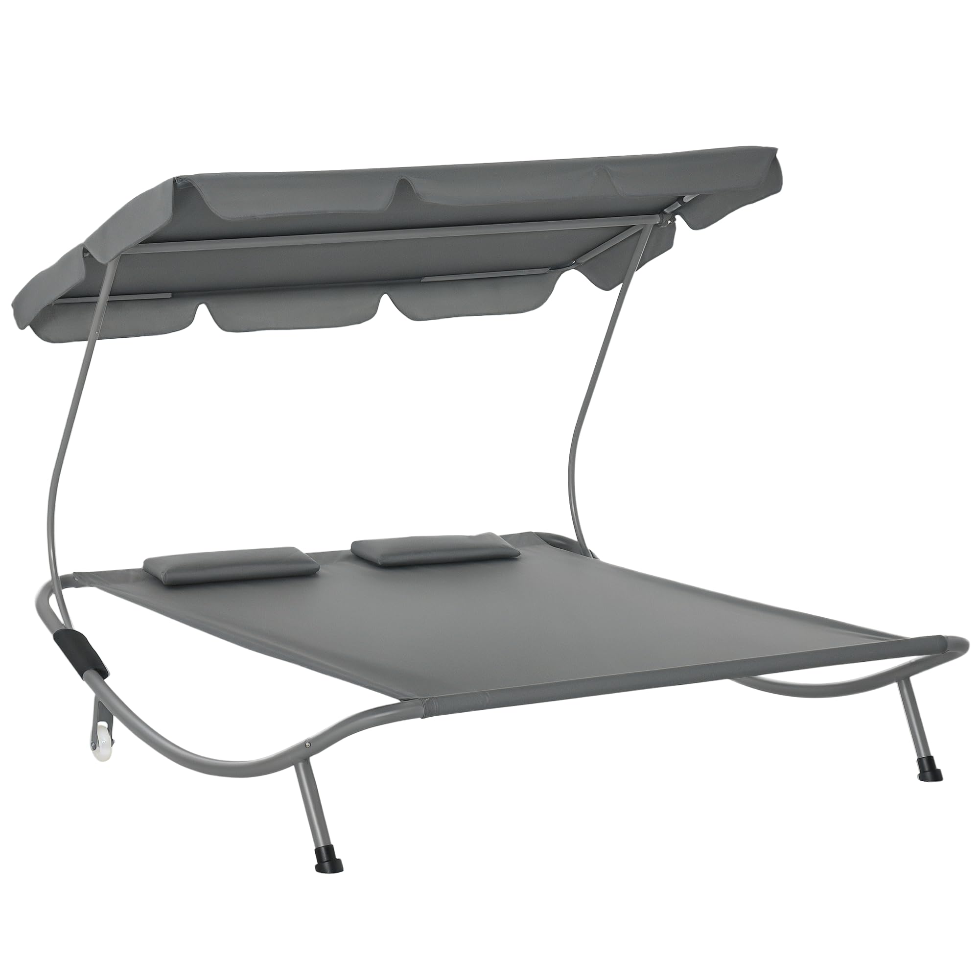 Double Sun Lounger with Adjustable Detachable Canopy, Portable Garden Daybed for 2 with Wheels, Outdoor Sunbed Hammock with 2 Pillows, 220 KG Max. Load, Grey