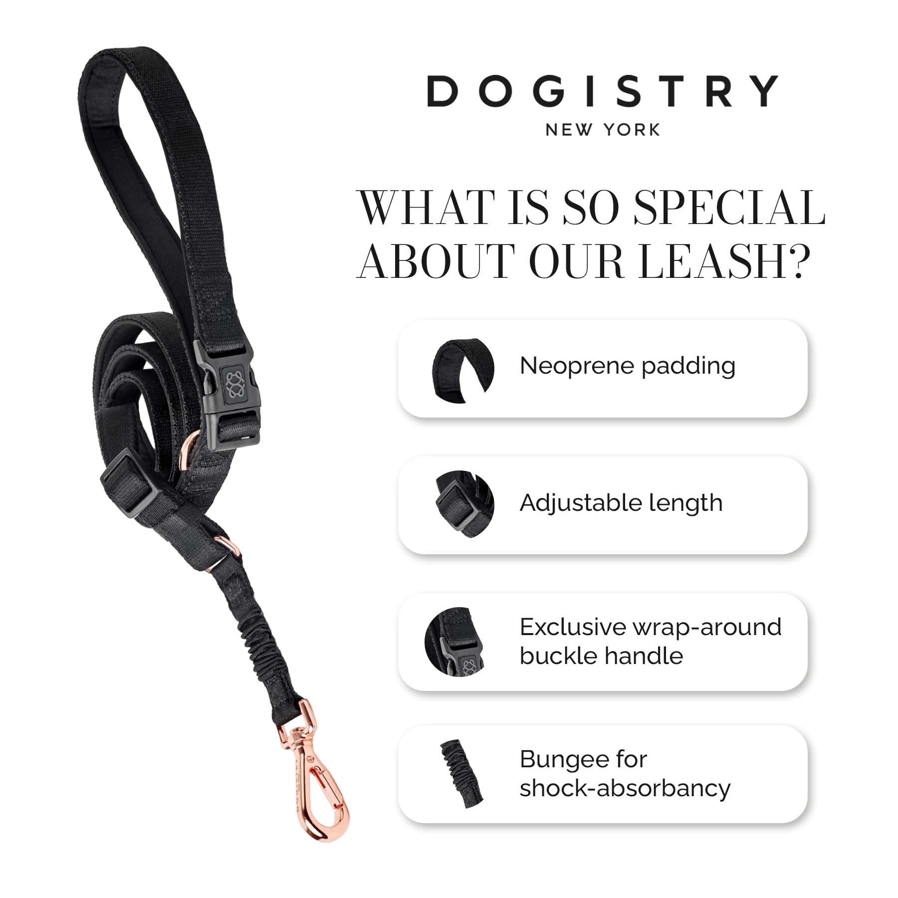 The DOGISTRY – Laisse pour chien City – Noir – Design mains libres réglable primé – Matériel de luxe or rose et fonctionnalité avant-gardiste – Taille M