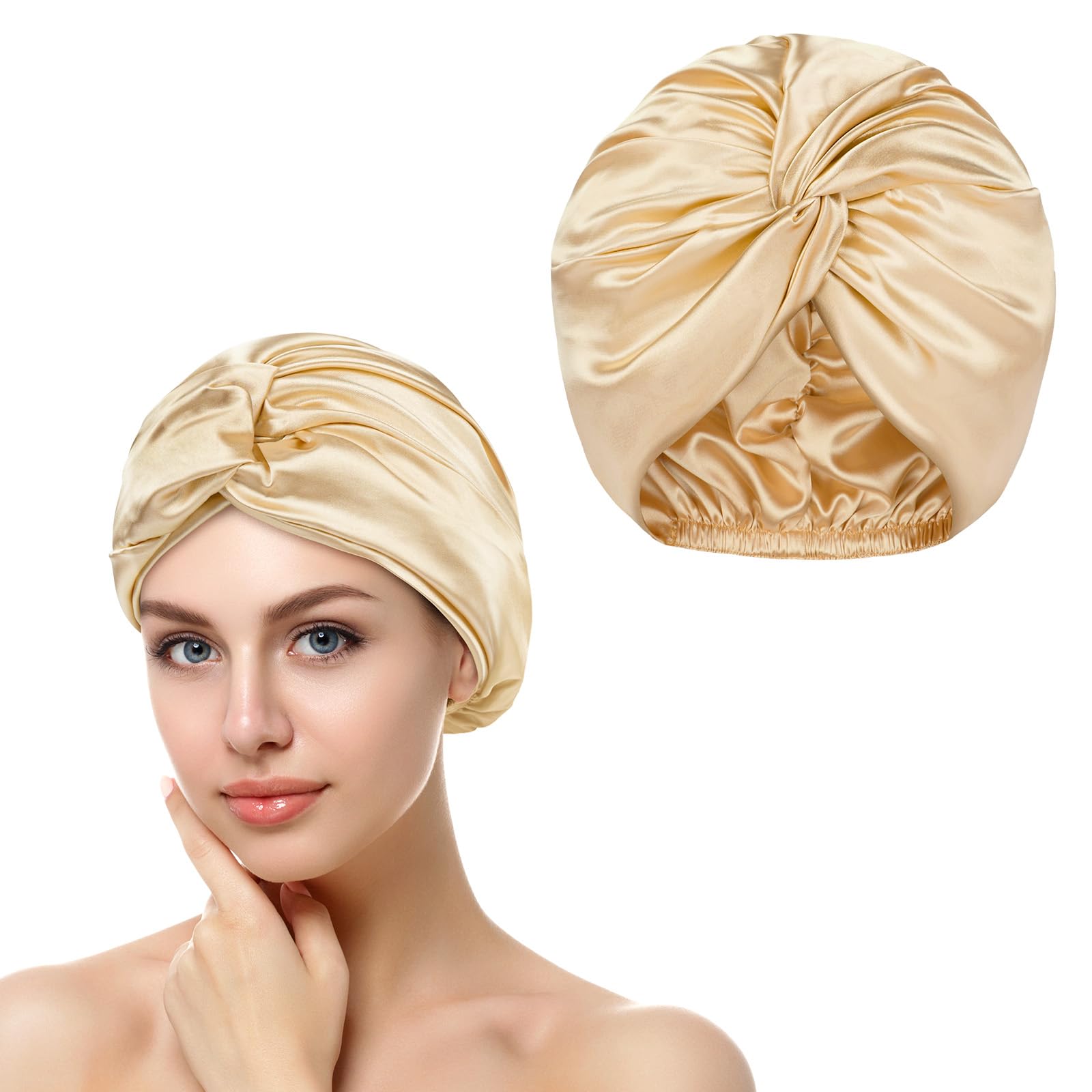 AOGOE Silk Hair Bonnet for Sleeping Double Layer Sleep Cap, Silk Sleep Cap with Elastic Bow, Night Sleep Cap