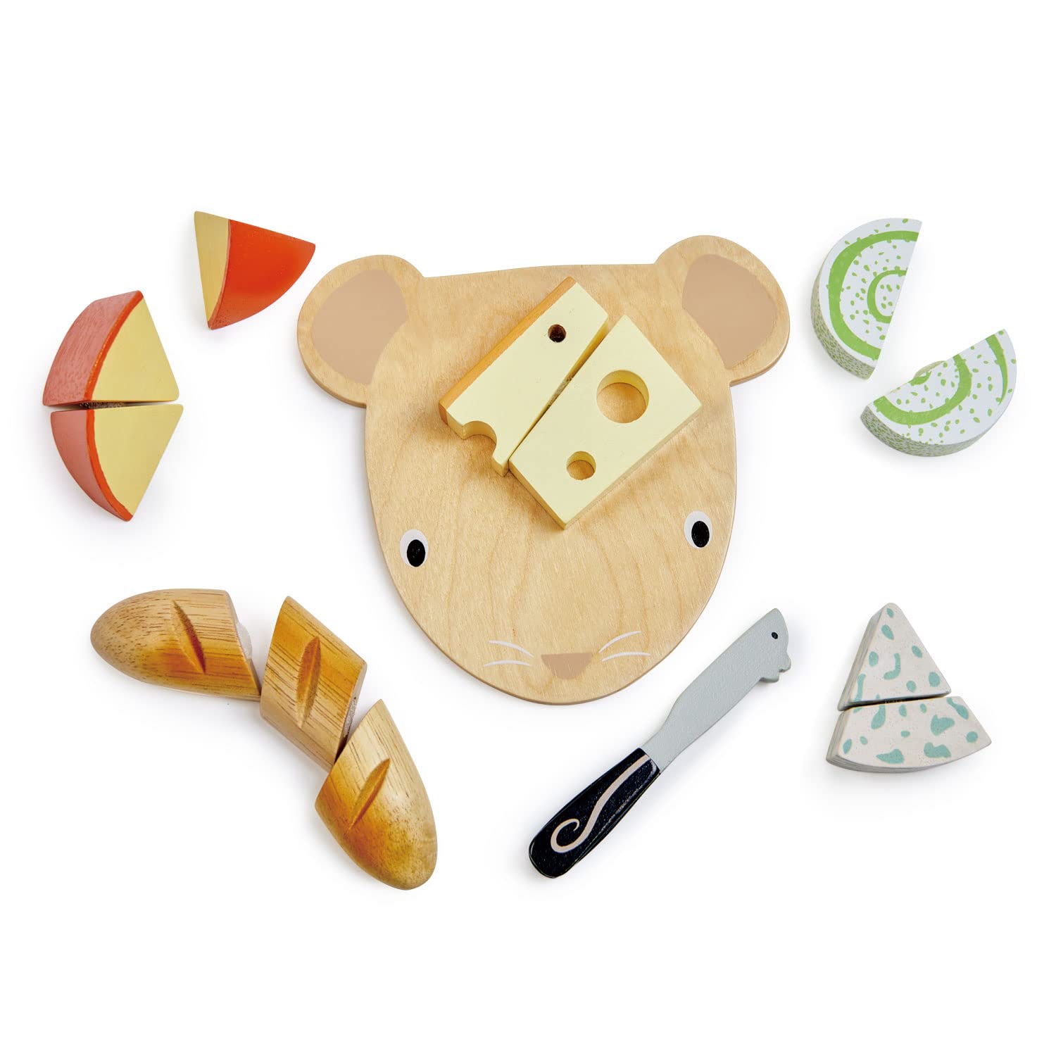 Tender Leaf ToysCheese Chopping Board - Wooden Play Food Set with 4 Choppable Cheeses, Baguette, Wood Knife and Illustrated Board - Improves Fine Motor Skills - Develops Social Skills - Age 2+