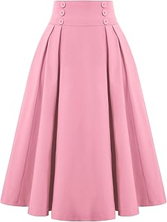 Women's Vintage High Waist Pleated Midi A-Line Skirt with Pockets