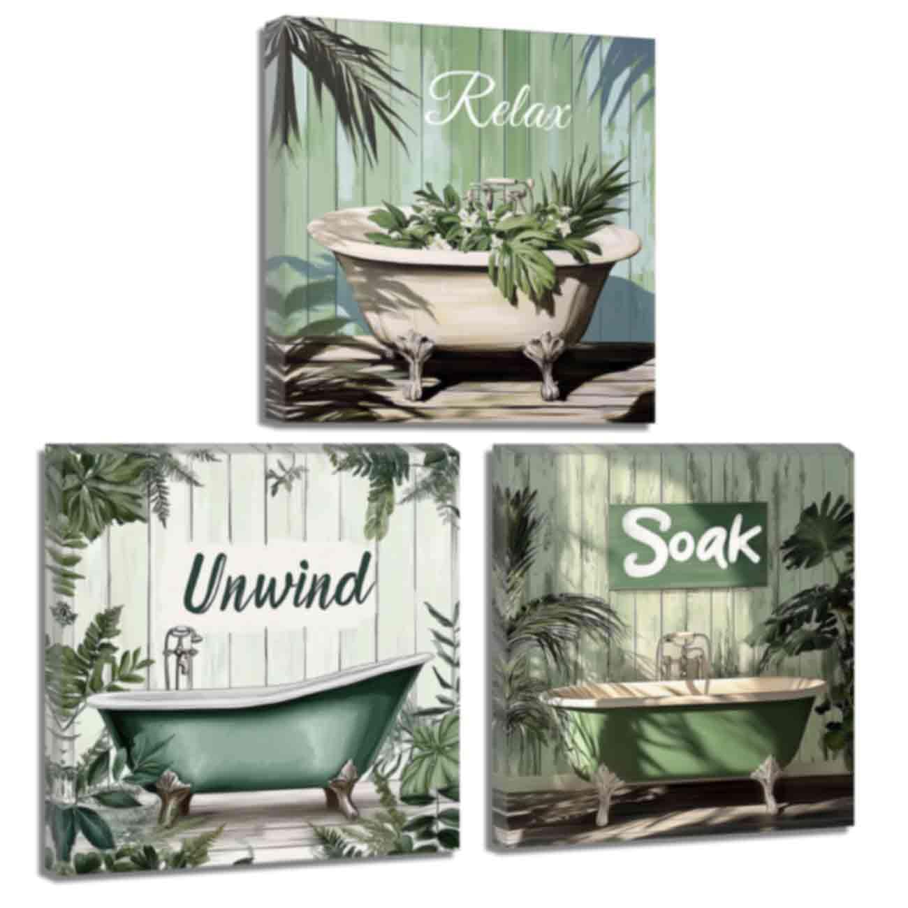 ZQQART Green Bathroom Wall Art Bath Tub Picture Prints Set of 3 Relax Sign Poster Canvas Art Botanical Bathroom Art Frames Wall Decor (50x50cmx3)